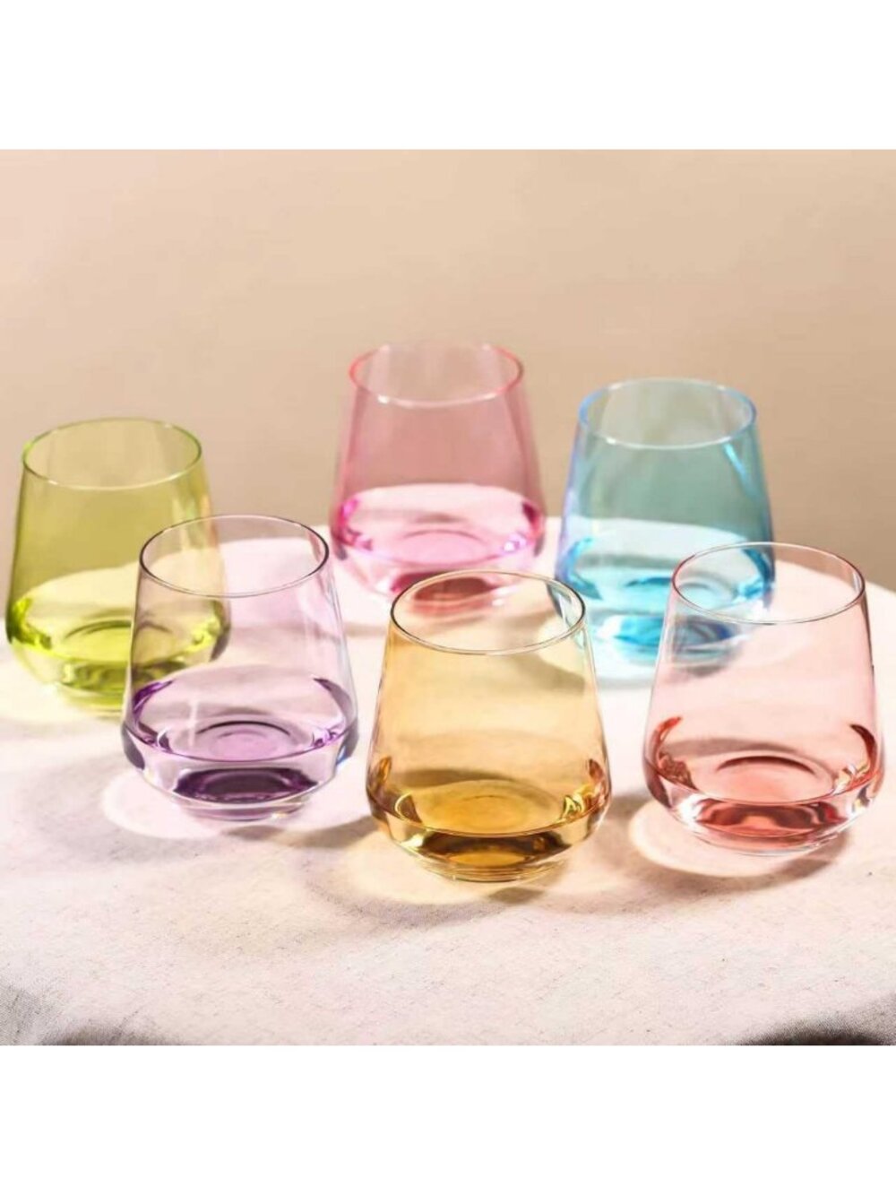 Colorful Stemless Wine Glasses Set of 6 - Hand-Blown 17 oz Crystal Glassware